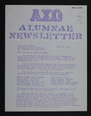 Delta Zeta Alumnae Newsletter, April 14, 1975