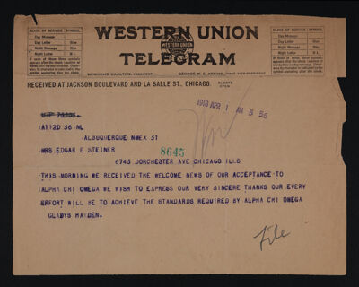 Gladys Hayden to Mrs. Edgar Steiner Telegram, April 1, 1918