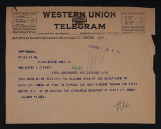 Gladys Hayden to Mrs. Edgar Steiner Telegram, April 1, 1918