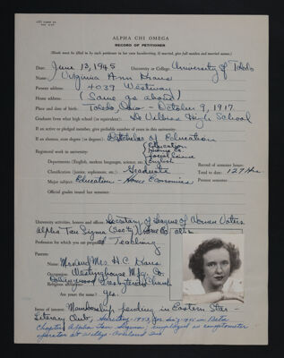 Record of Petitioner - Virginia Ann Kraus, June 13, 1945
