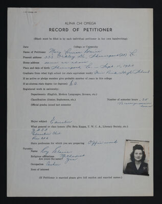 Record of Petitioner - Mary Louise Blaine, c. 1944
