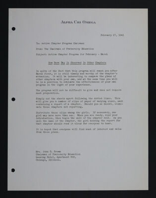 Mrs. John D. Brown to Active Chapter Program Chairmen Letter, February 27, 1941