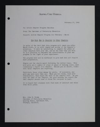 Mrs. John D. Brown to Active Chapter Program Chairmen Letter, February 27, 1941
