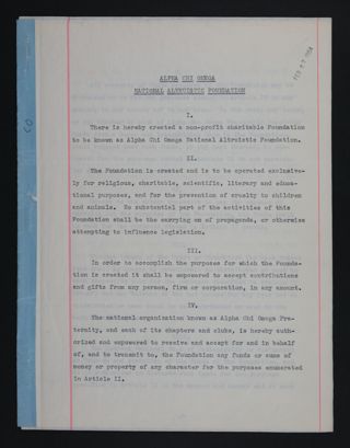 Alpha Chi Omega National Altruistic Foundation Constitution with Amendment Note, November 22, 1968