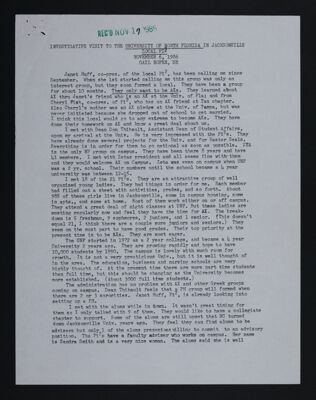 Investigative Visit to the University of North Florida Report, November 6, 1986