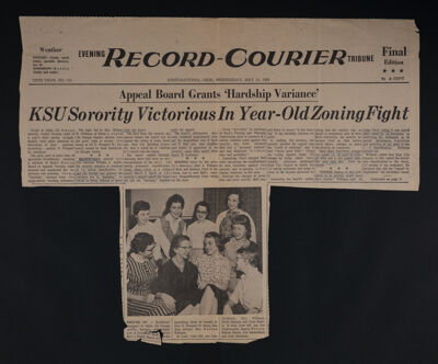Appeal Board Grants 'Hardship Variance:' KSU Sorority Victorious in Year-Old Zoning Fight Newspaper Clipping, May 13, 1959