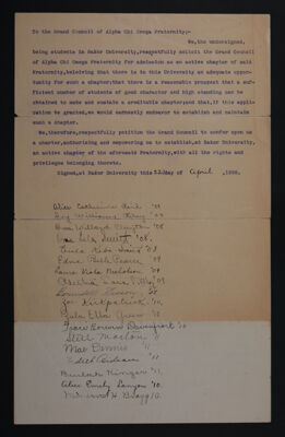 Signed Omicron Chapter Installation Petition, April 22, 1908