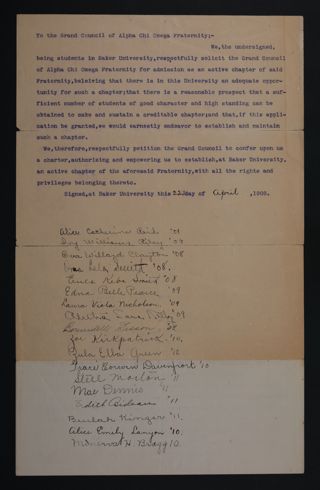Signed Omicron Chapter Installation Petition, April 22, 1908