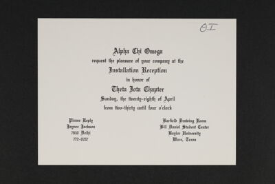 Theta Iota Chapter Installation Reception Invitation, 1985