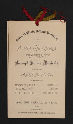 Alpha Chi Omega Fraternity Second Soiree Musicale Program, October 20, 1887
