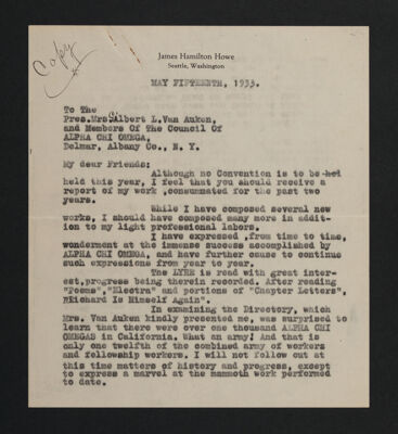 James Howe to Mrs. Gilbert L. Van Auken Letter, May 15, 1933