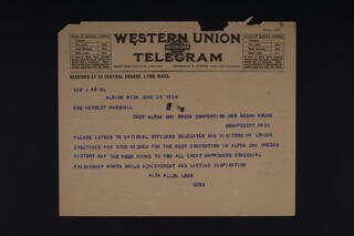 Alta Allen Loud to Mrs. Herbert Marshall Telegram, June 22, 1924