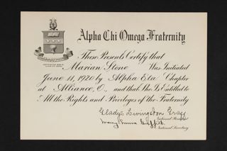 Marion Stone Initiation Certificate, June 11, 1920