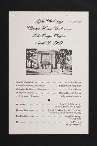 Delta Omega Chapter House Dedication Program, April 20, 1969