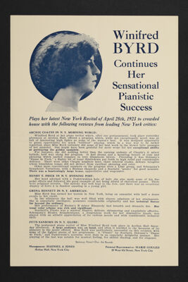 Winifred Byrd Continues Her Sensational Pianistic Success Flier, 1923