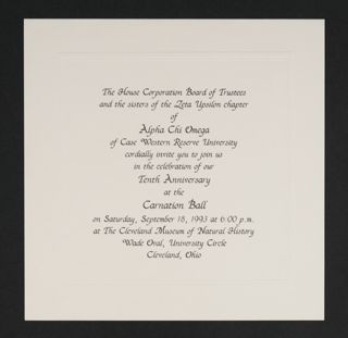 Zeta Upsilon Chapter 10th Anniversary Carnation Ball Invitation, 1993