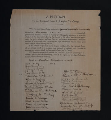 A Petition to the National Council of Alpha Chi Omega - Millikin University, May 2, 1913