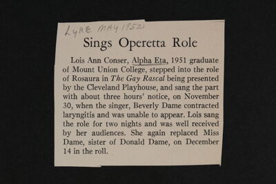 Sings Operetta Role Magazine Clipping, May 1952