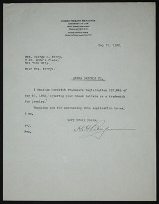 Henry Hobart Benjamin to Stella Perry Letter, May 11, 1932
