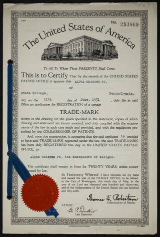 Alpha Omicron Pi Trademark Registration Certificate, June 11, 1931