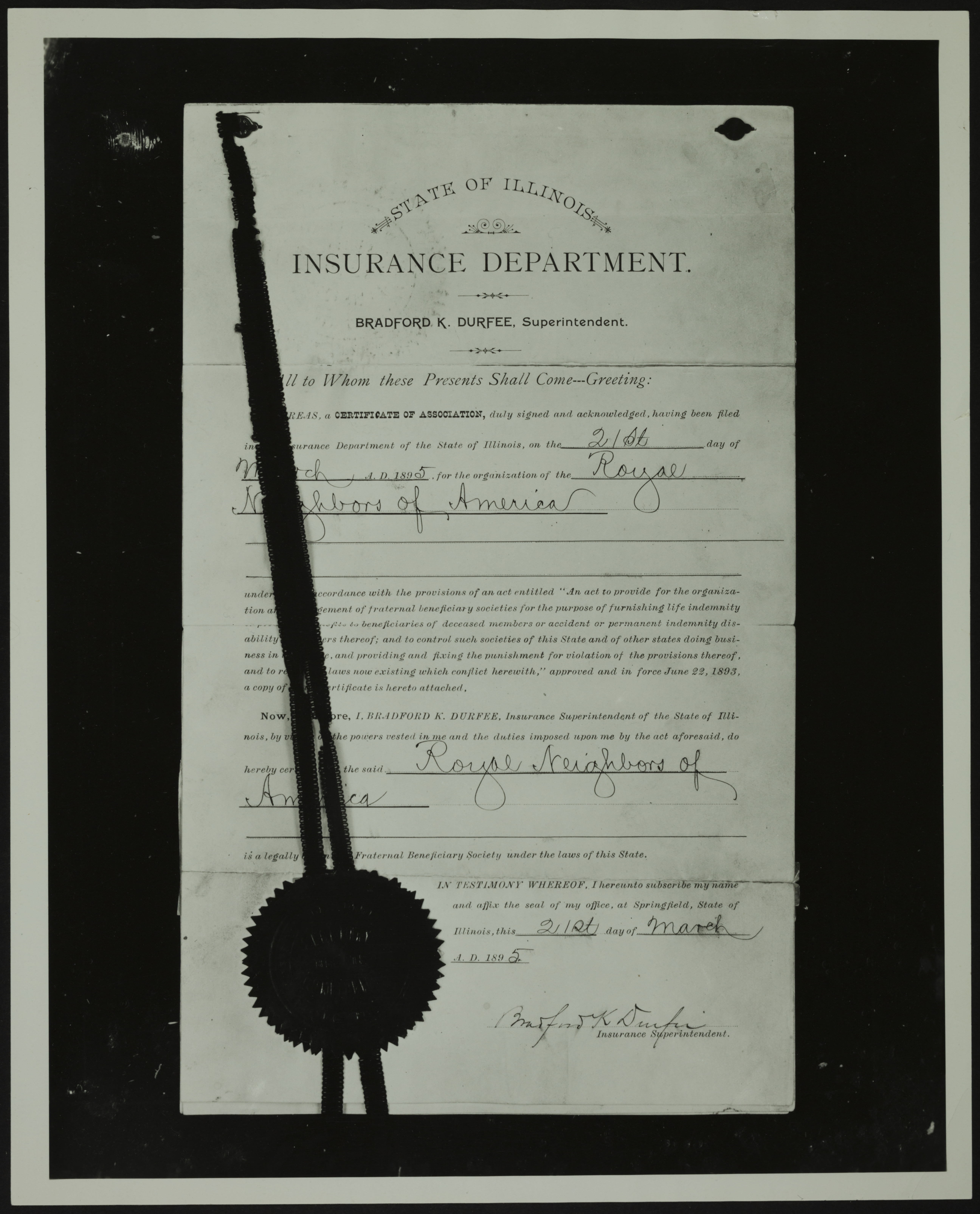 State of Illinois Insurance Department Certificate of Association for the Royal Neighbors of America Photograph, March 21, 1895
