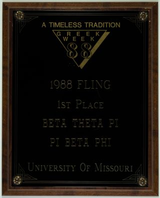 University of Missouri Greek Week Fling First Place Plaque, 1988