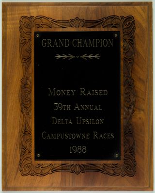 Delta Upsilon Campustowne Races 39th Annual Grand Champion Money Raised Plaque, 1988