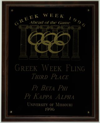 University of Missouri Greek Week Fling Third Place Plaque, 1996