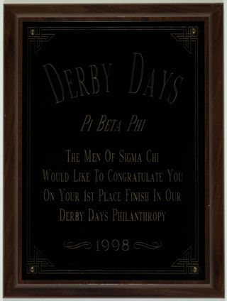 Sigma Chi Derby Day First Place Plaque, 1998
