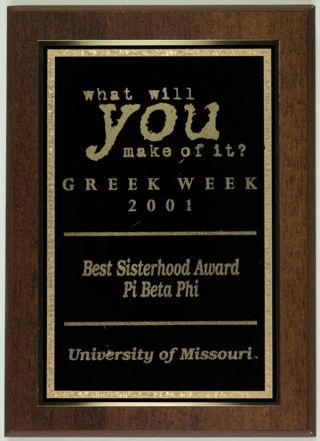 University of Missouri Greek Week Best Sisterhood Award Plaque, 2001