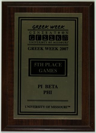 University of Missouri Greek Week Fifth Place Games Plaque, 2007