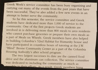 Greek Week's Service Committee...Newspaper Clipping, c. 2002