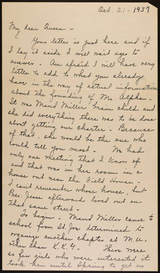 Gertrude B. Mills to My Dear Queen Letter, October 21, 1937