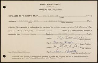 Paula Kieffer Approval for Affiliation Card, May 25, 1967