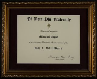 May L. Keller Award Honorable Mention Framed Certificate, 1997-1998