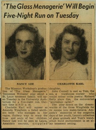 "The Glass Menagerie" Will Begin Five-Night Run on Tuesday Newspaper Clipping, December 6, 1947
