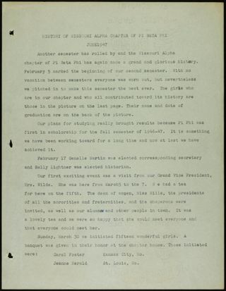 Missouri Alpha Chapter History Binder, 1947-1951, Page 1