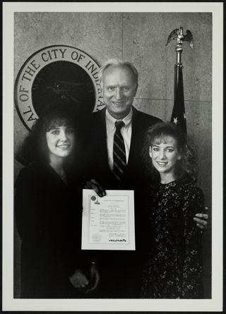 Susan Evans and Missy Bishop With Mayor Hudnut Photograph, April 6, 1990
