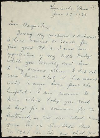 Mary Comfort Leonard to Marguerite Letter, June 29, 1938