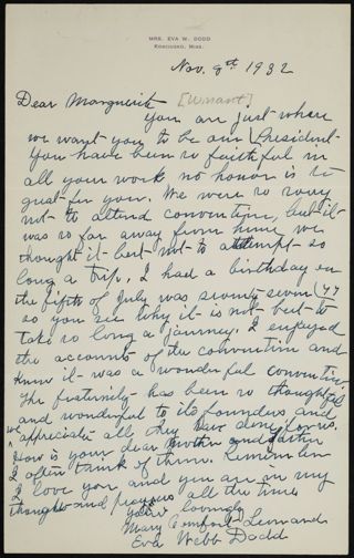 Eva Webb Dodd to Marguerite Winant Letter, November 8, 1932