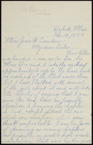 Julia Johnson to Josie B. Crandon Letter, November 19, 1884