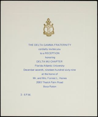 Delta Mu Chapter Installation Reception Invitation, December 7, 1969