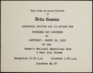 N.Y. Alumnae Chapter of Delta Gamma Founders Day Luncheon Invitation, March 19, 1955