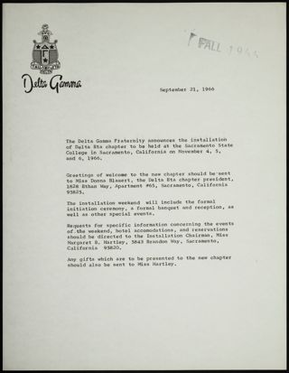 Delta Eta Chapter Installation Press Release, September 21, 1966
