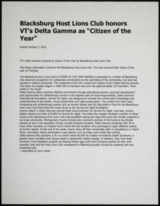 Blacksburg Host Lions Club Honors VT's Delta Gamma as "Citizen of the Year," October 2, 2011