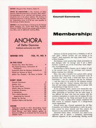 ANCHORA of Delta Gamma, Vol. 91, No. 4, Winter 1975 Table of Contents