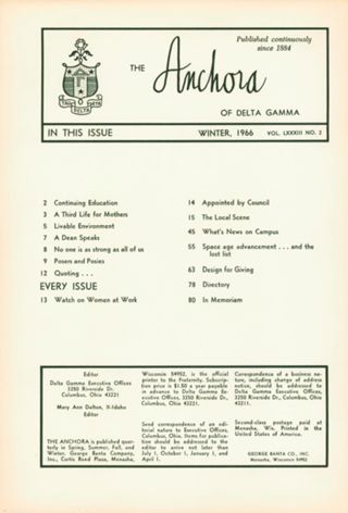 The ANCHORA of Delta Gamma, Vol. LXXXIII, No. 2, Winter 1966 Table of Contents