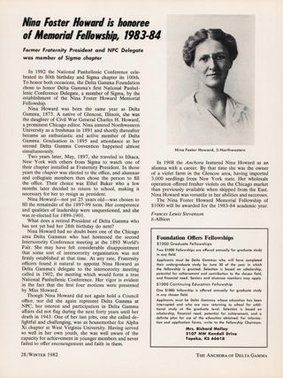 Nina Foster Howard Is Honoree of Memorial Fellowship, 1983-1984