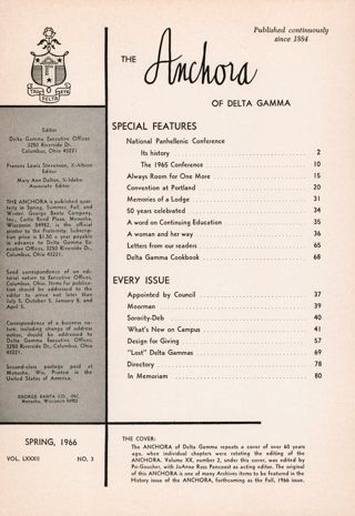 The ANCHORA of Delta Gamma, Vol. LXXXII, No. 3, Spring 1966 Table of Contents