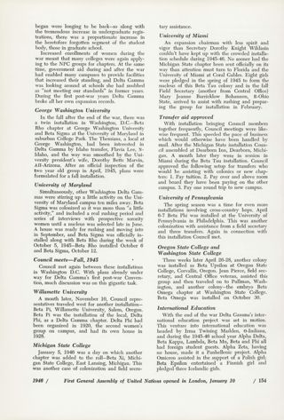 the Post-war Period, Continued: George Washington University; University of Maryland; Council Meets-Fall, 1945; Willamette University; Michigan State College; University of Miami; Transfer aid Approved; University of Pennsylvania; Oregon State College and Washington State College; International Education